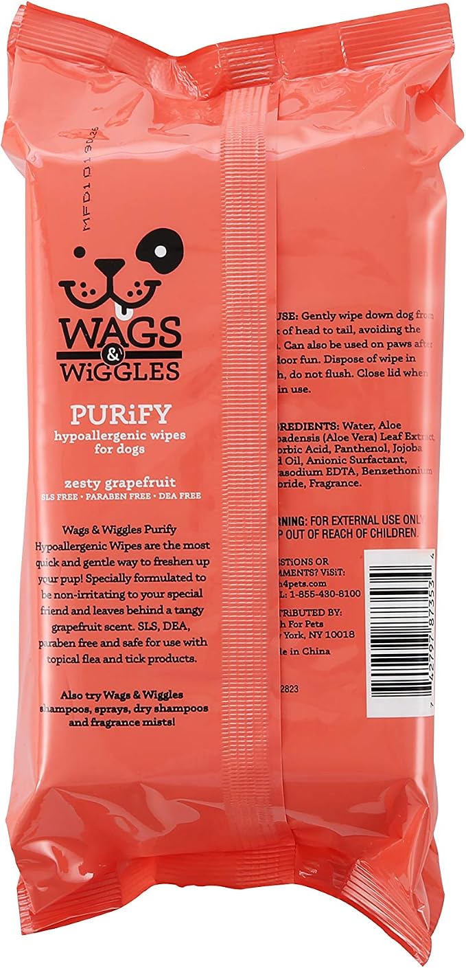 Wags & Wiggles Purify Hypoallergenic Grooming Wipes, Grapefruit, 100 Count