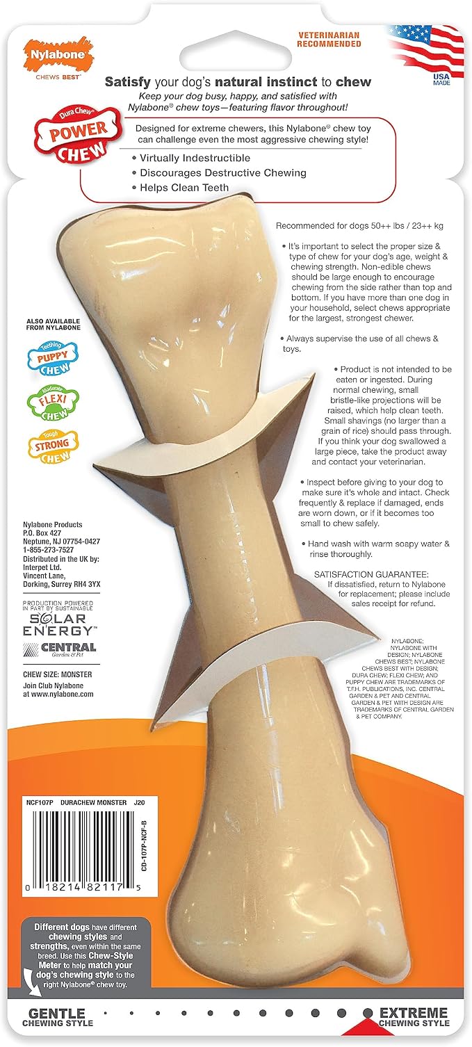 Nylabone Power Chew Monster Bone Dog Chew Toy, Chicken Flavor, XX-Large | Durable dog toys for aggressive chewers, long lasting, discourages destructive chewing, flavor throughout, for dogs 50++ lbs