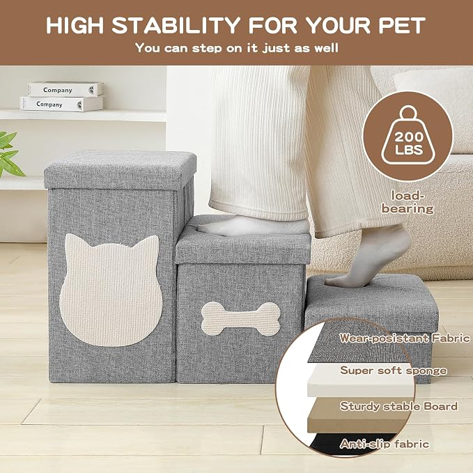 3-Step Wider Dog Steps for Bed 17" H, Foldable Dog Stairs with Storage, Non-Slip Pet Steps for Small Medium Large Dogs, Arthritis-Friendly Pet Stairs for Couch and Car Up to 200 lbs, Grey