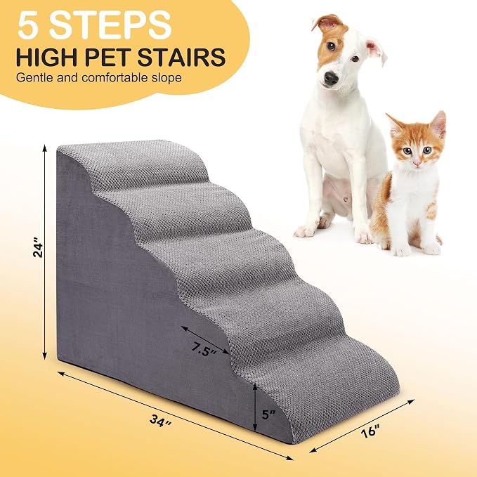 CiWiVOKi Dog Stairs for Bed and Couch, Non-Slip 5-Step Pet Stairs, 24" High Sofa Foam Dog Ramp - Best for Small Pets, Dogs and Cats with Joint Pain