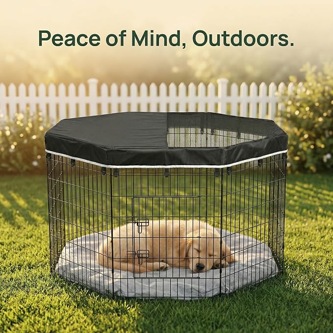 PJYuCien Octagonal Playpen Top Cover for 24" Side Metal Pet Pen, Half Mesh Half Oxford with Silver Coating & Snap Hooks, Predator & Weather Protection, Cozy Den for Puppy Small Animals, Black