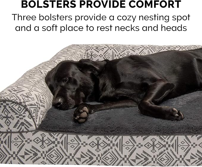 Furhaven Memory Foam Dog Bed for Medium/Small Dogs w/ Removable Bolsters & Washable Cover, For Dogs Up to 35 lbs - Plush & Southwest Kilim Woven Decor Sofa - Boulder Gray, Medium