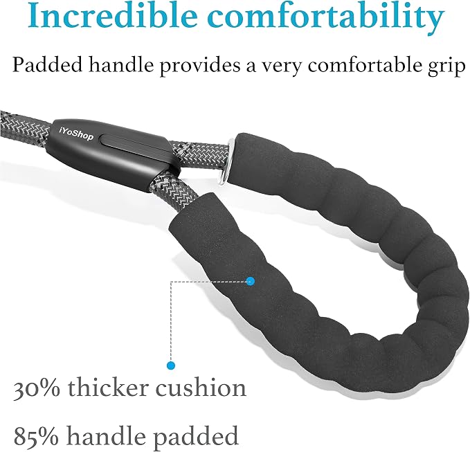iYoShop Double Dog Leash, 360° Swivel, No Tangle, Large, 25-150 lbs, Grey | Dual Leash for Two Dogs, Split Leash, Shock-Absorbing Bungee, Padded Handle, Heavy-Duty Rope