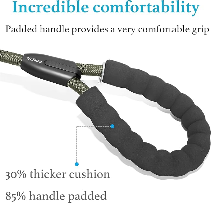 iYoShop Double Dog Leash, 360° Swivel, No Tangle, Medium, Military Green | Dual Leash for Two Dogs, Split Leash, Shock-Absorbing Bungee, Padded Handle, Heavy-Duty Rope