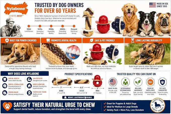 Nylabone Tough Dog Chew Variety Pack, 3 Count | Long-lasting nylon satisfies aggressive chewers, promotes dental health, reduces destructive behavior,vet-recommended