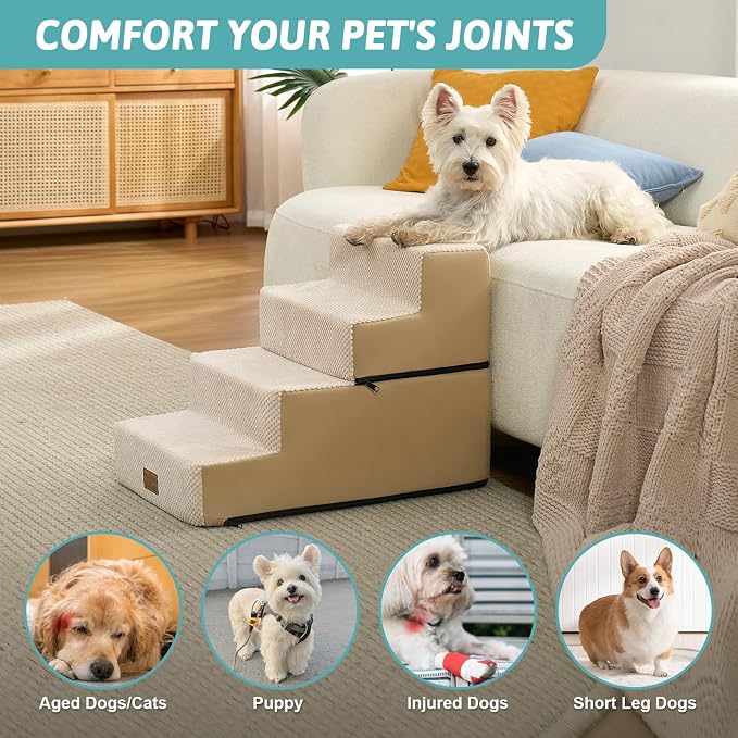 COZY KISS Dog Stairs for Small Dogs, 4 Tier Removable Wider Pet Stairs for Couch and Bed, 17.7" H Dog Steps for Old Cats, Puppy, Small Dogs, 17.7x23.6x17.7 inch, Beige