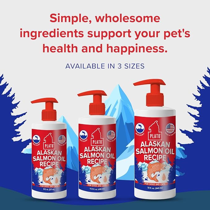 PLATO Wild Alaskan Salmon Oil Kibble Topper - Boost Dog Food with Omega 3 & 6 Fatty Acids - For Healthy Skin & Coat - 32 ounces