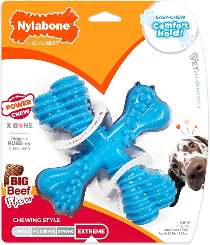 Nylabone Power Chew Comfort Hold X Bone Dog Chew Toy, Beef Flavor, Large | Large breeds, durable dog toys for dogs up to 50 lbs, teeth-cleaning textures, discourages destructive chewing, long lasting
