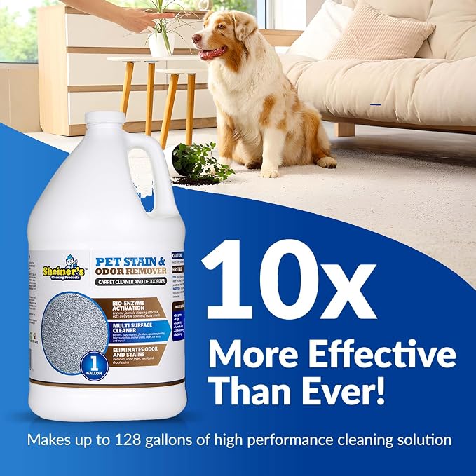 Sheiner's Pet Urine Enzyme Cleaner & Pet Stain & Odor Remover, Advanced Enzymatic Cleaner Solution for Carpets, Rugs, Upholstery & Multi-Surfaces, Safe for Pets & Kids. (128 oz)