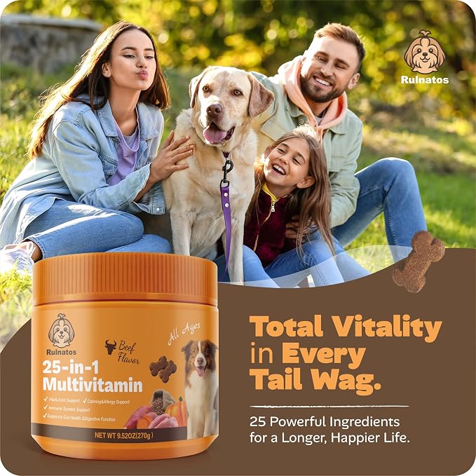 25-in-1 Dog Multivitamin, Chewable Supplements for Hip & Joints, Immune System, Gut & Digestive, Calming & Allergy Support, Omega 3 for Puppy & Seniors Dogs - 90ct (Beef)