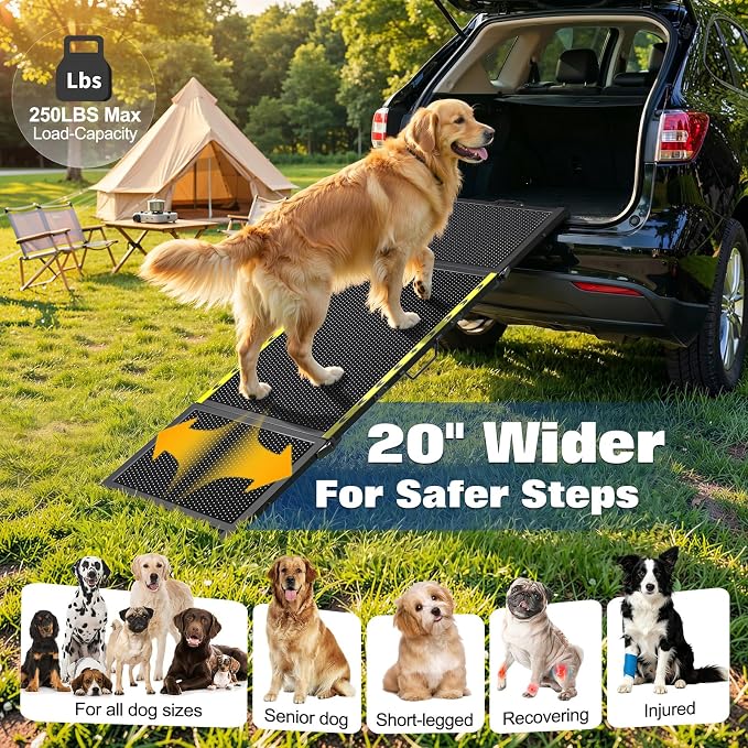 74" L x 20" W Extra Long Dog Ramp for Car - Wider Portable Pet Ramp for Large Dogs, Foldable Dog Car Ramps for Truck, SUV, RV & Bed, Outdoor Dogs Ramps with Non-Slip Mesh Supports Up to 250LBS, Black