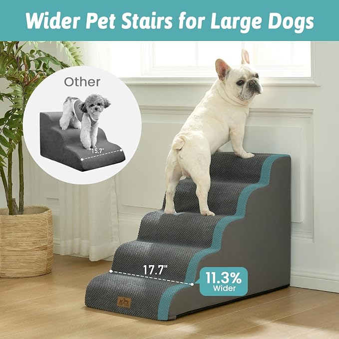 COZY KISS Wide Dog Stair for Small Dog 22.6" H, 5 Step Pet Ramp for Bed | Curved Stable Dog Step for Puppy, Older Cat, Senior, Medium, Short-Legged Dog, Non-Slip Ladder for Car, Dark Grey