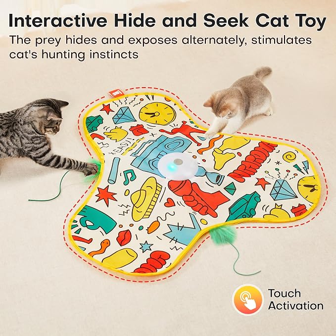 Potaroma Interactive Cat Feather Toys, Hide and Seek Moving Feather Wand | Rechargeable Touch Activated Indoor Kitten Exercise Kicker, Mouse Squeaky, Graffiti Cover