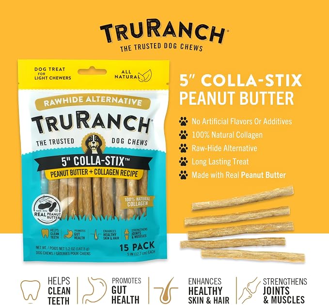TRURANCH Collagen Sticks - 5" Collagen Sticks for Dogs - Long Lasting Healthy Joint Support - Rawhide Alternative - Skin & Coat Health - Made with Real Peanut Butter, Value Pack, 3 Bags, 45 Count