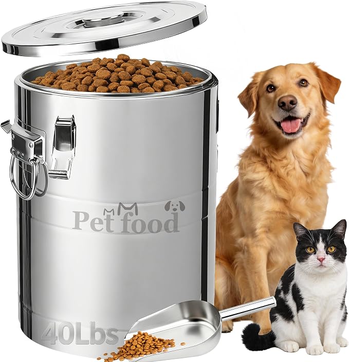 Newget 40 lb Stainless Steel Dog Food Storage Container with Scoop, 40 lb, Stainless Steel, Stainless Steel