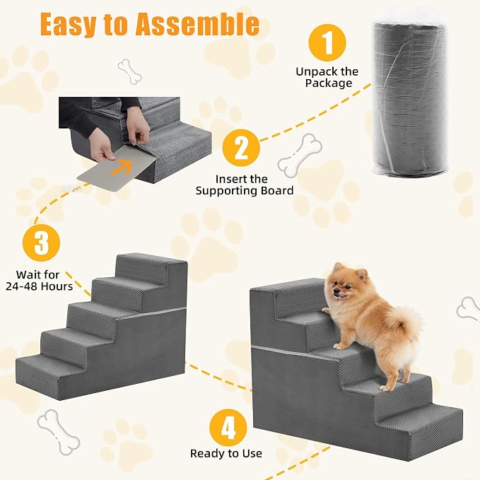 5-Step Dog Stairs for Large Dogs and Cats, 23in H Dog Steps for Couch, Sofa, Chair, Non-Slip Sturdy Pet Steps, Pet Ramp for High Bed Indoor, Grey