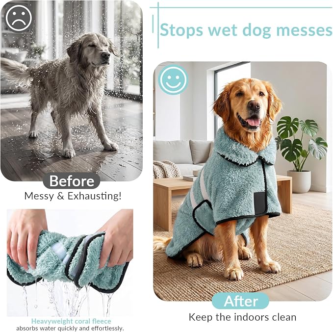 Bienbee Dog Bathrobe, Quick Drying Super Absorbent Pet Robes for Small Medium Large Dogs, Drying Coat for After Bath & Swim, Warm & Cozy Dogs Towels, Dog Puppy Bath Supplies, Light Green XL