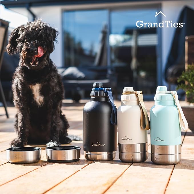 GrandTies Insulated Portable Dog Water Bottle with 2 Detachable Bowls, 32oz, Powder Green
