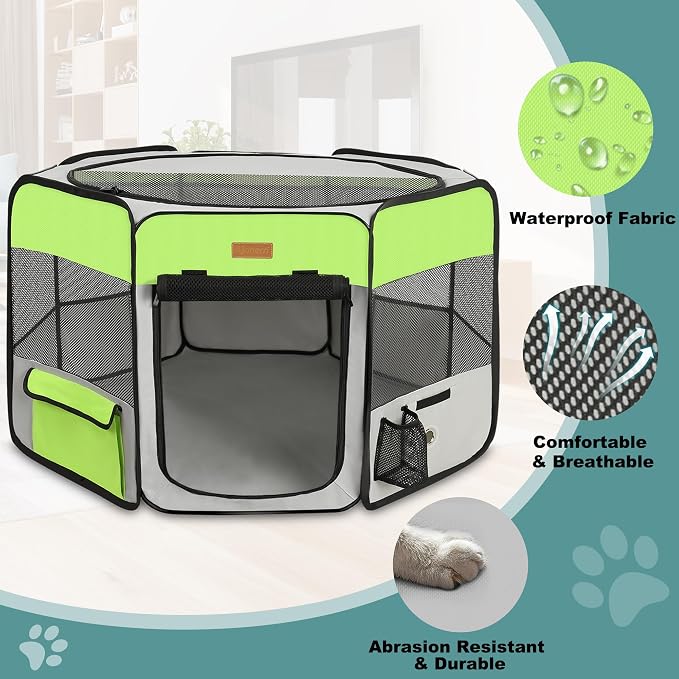 Portable Foldable Dog Playpen - Pet Tent, Green