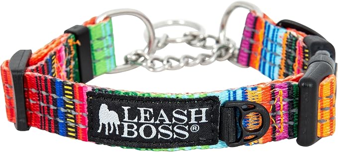 Leash Boss Martingale Collar for Dogs - Steel Chain | Reflective Nylon Dog Collar for Large Dogs, Medium and Small Dogs | No Pull Pet Training Collar Small