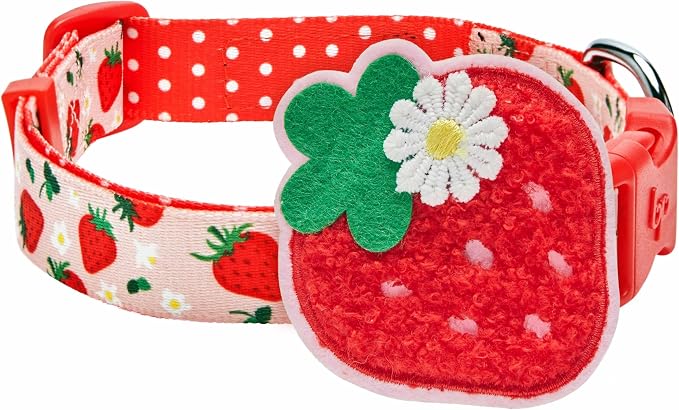 Blueberry Pet Harvesting Strawberry Dog Collar, Adjustable Medium Size, Neck 14.5”-20”, Strawberry Print, Summer Fruit Pet Collar