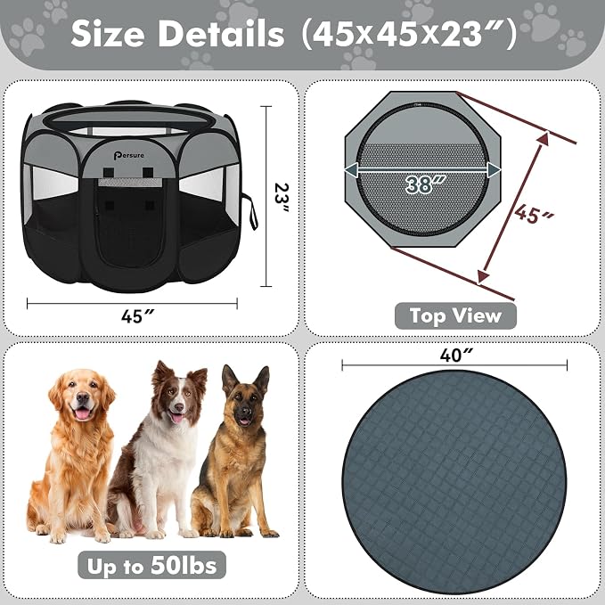 Dog Cat Playpen Indoor Outdoor for Puppy Pet Dogs Cat Recovery After Surgery, Dog Tent Crates Cage Indoor/Outdoor, Portable Pop Up Kennel with Carrying Case for Travel (Dark Grey with Pad, Large)