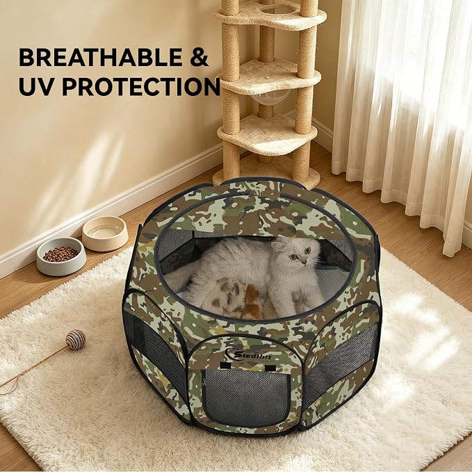 Siedihit Playpen for Small Dog Cat, Dogs Tent Crate Cage Indoor/Outdoor, Portable Pop Up Dog Kennel with Carrying Bag for Rabbits, Removable Top (Green Camo, Small)