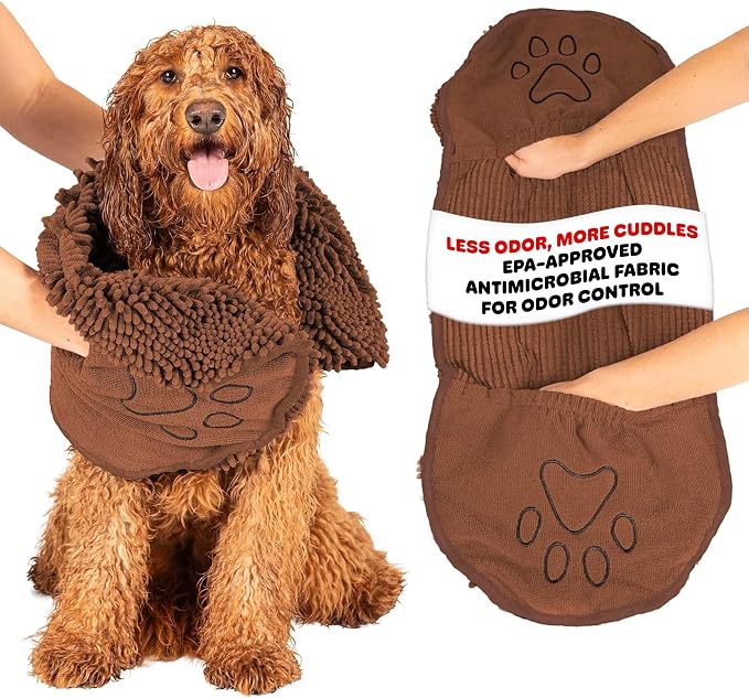Dog Gone Smart The Dirty Dog Shammy - Antimicrobial Microfiber Dog Towel for Odor Control, Fast-Drying Plush, Dual Hand Pockets & Elastic, Super Absorbent, Machine Washable, 31 x 13 in, Brown