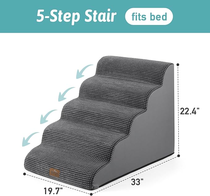 COZY KISS Extra Wide Dog Stair for Small Dog, 5 Step Pet Ramp for Bed | Curved Stable Dog Step for Puppy, Older Cat, Senior, Medium, Short-Legged Dog, Non-Slip Ladder for High Bed, Charcoal Grey