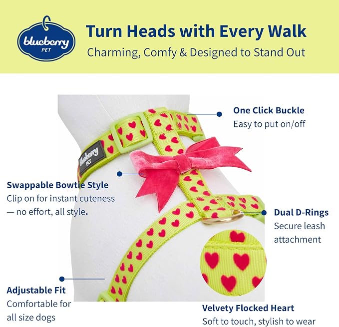 Blueberry Pet H-Shape Dog Harness Heart Flocking Valentine’s Day Adjustable Harnesses with Velvety Bowtie