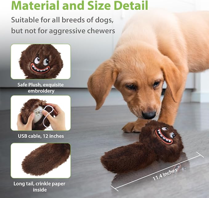 PETGEEK Vibrating Squeaky Dog Ball, USB Rechargeable 350mAh Toy, Brown | Motion-Activated Vibrating Dog Ball, Built-In Recording & Music, Crinkle Plush Cover, Squeaky Interactive Toy for All Dogs
