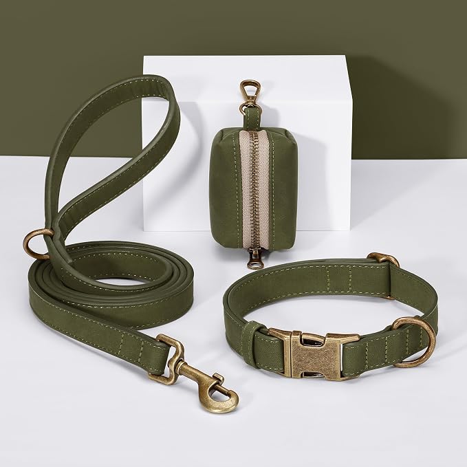 Didog Stylish Dog Poop Bag Holder for Leash, Easy-Pull and Colorful PU Leather Dog Poop Bag Dispenser with Metal Clip, Includes 1 Roll Pet Waste Bag for Daily Walking,Dark Green