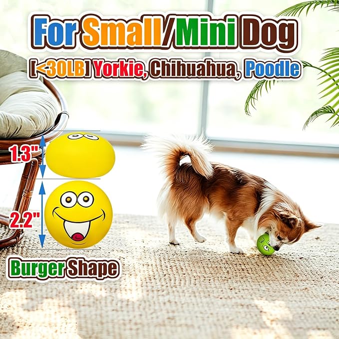 Squeaky Dog Toys for Small Dogs, Mini Breeds, 2.2" Flat Latex Ball | 2.2"x2.2"x1.3" Burger Shape, 8-pack Soft Squeak Dog Balls, Smile Face Interactive Puppy Toy with Squeaker for Indoor, Outdoor