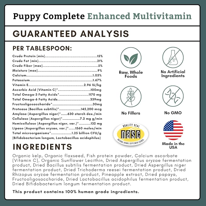 Organic Puppy Vitamins - 8 oz - 22 Scoops | Puppy Complete - Daily Dog Multivitamin with Prebiotics, Probiotics for Immune Support, Skin Coat, Digestion, & Joint Health