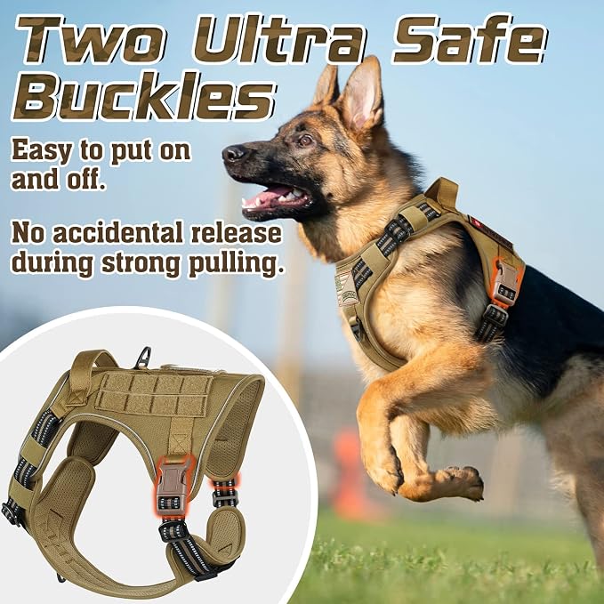 rabbitgoo Tactical Dog Harness for Large, No Pull Military Service Vest | Molle & Handle, Heavy Duty, Adjustable, Reflective Straps, Easy Control for Training Walking, Brown, Large