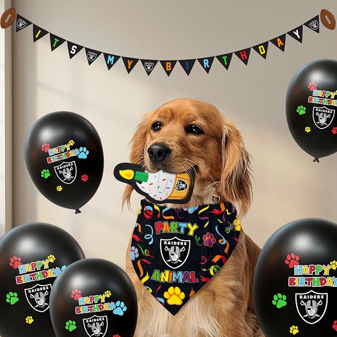 NFL LAS Vegas Raiders Dog Birthday Party Set 9pcs with 1 Football Bandana Small/Medium, 1 Banner, 1 Birthday Cake Toy & 6 B-Day Balloons, Dog Birthday Set, Costume, Fun Doggie Pawty Accesories