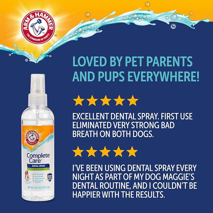 Arm & Hammer Complete Care Dog Dental Spray, Mint, 6 Fl Oz, 2-Pack | Brushless breath freshener with baking soda and calcium supports tooth enamel, fluoride-free formula