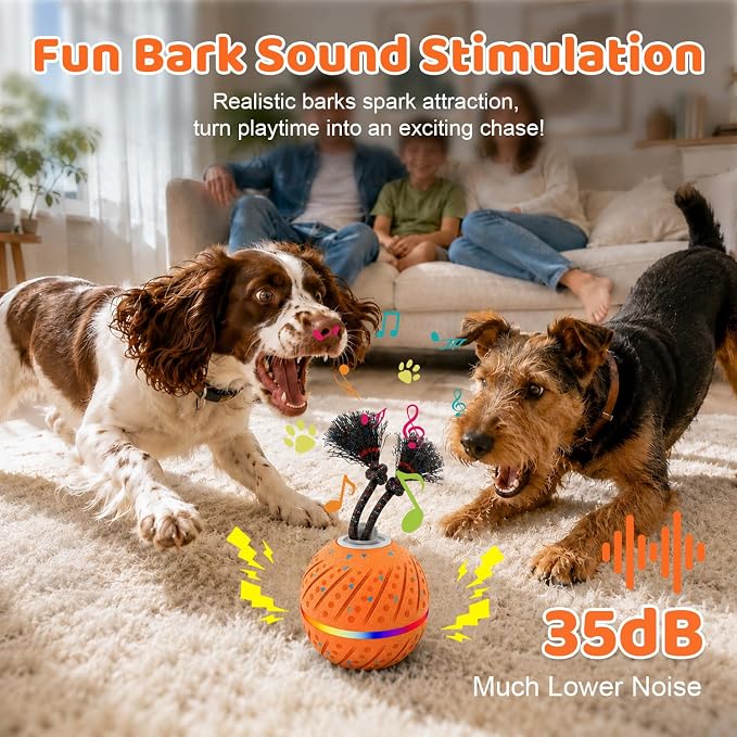 Smart Interactive Dog Toys Ball for Aggressive Chewers Medium Large,E-TPU | Auto-Moving & Bouncing Ball, 2 Modes with RGB Lights & Bird Sounds,Bite-Resistant Rope, IP54 Waterproof, Type-C Fast Charge