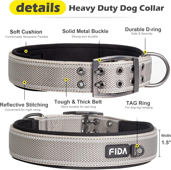 Fida Heavy Duty Dog Collar for Large Dogs with Metal Belt Buckle, Grey | 1.5" Width, Soft Neoprene Padded, Thicker Nylon Webbing, Adjustable Fit, Reflective Stitching for Night Safety