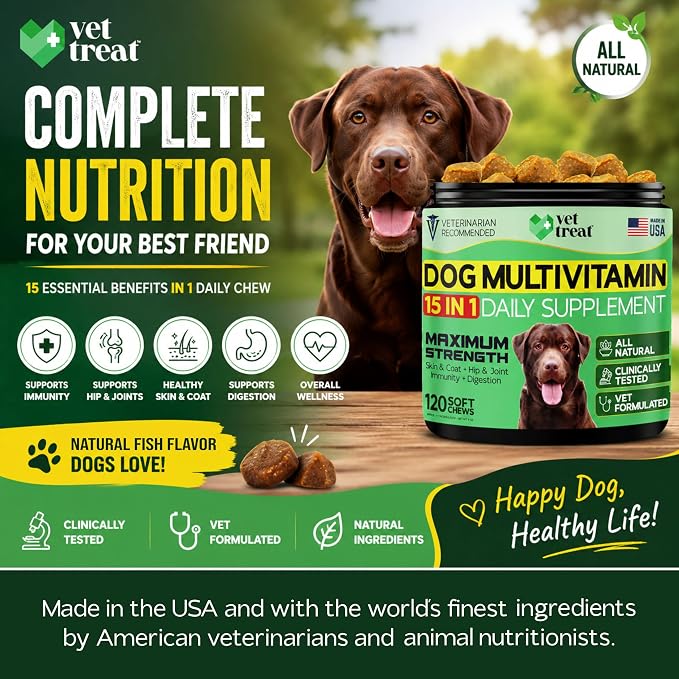 Dog Multivitamin – 15 in 1 Daily Supplement for Dogs with Glucosamine, Probiotics, Omega Fish Oil & Vitamins – Skin Coat, Immunity, Digestion, Hip & Joint Support – Made in USA – 120 Soft Chews