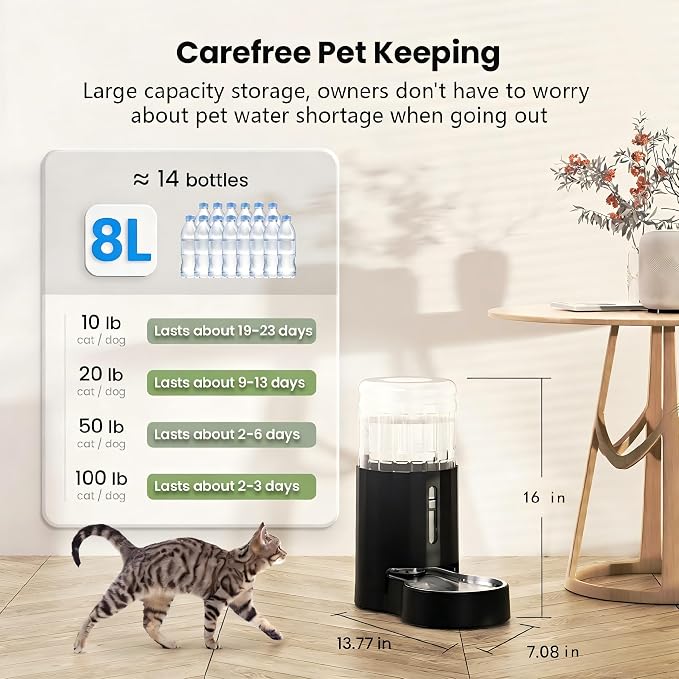 CZPET Dog Water Bowl Dispenser 8L, Wider Mouth & Upgraded Brush for Easy Cleaning Automatic Cat Gravity Refilling Waterer with Removable Stainless Steel Bowl, Large Drinking Area for Multi-Pet (Black)