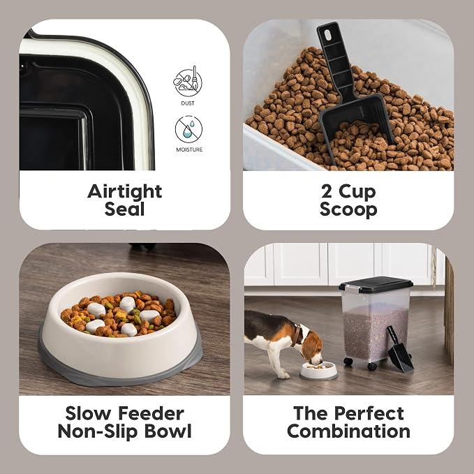 IRIS USA Dog Food Container & Slow Feeder Bowl, Up to 30 lbs, Black