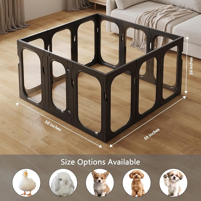 Acrylic Clear Dog Playpen Indoor with Door, 26'' H Transparent Dog Play Pen for Small Dogs, No-Connector Modular Puppy Playpen with Integrated Suction Cups Base, 12 Panels, Black
