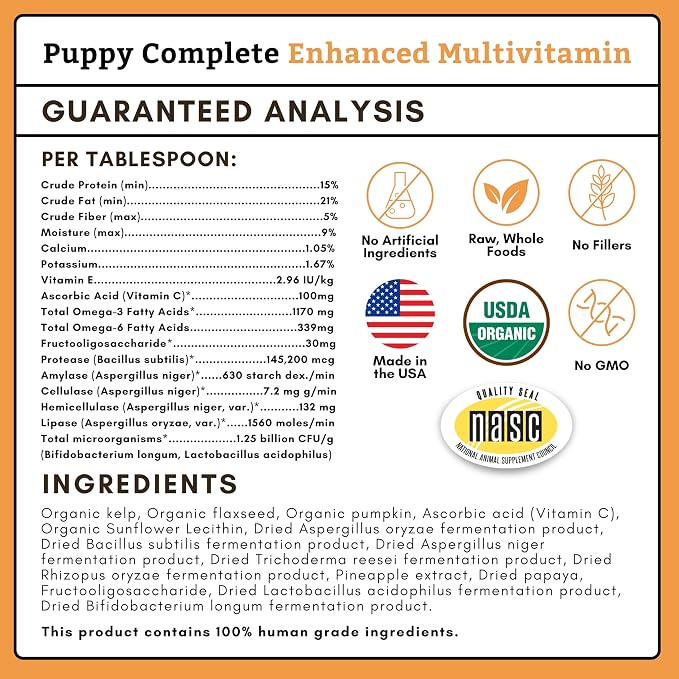 Organic Puppy Vitamins with Organic Pumpkin Protein, 8 oz, 22 Scoops | Daily Dog Multivitamin with Prebiotics, Probiotics for Immune Support, Skin Coat, Digestion, Joint Health - Puppy Complete