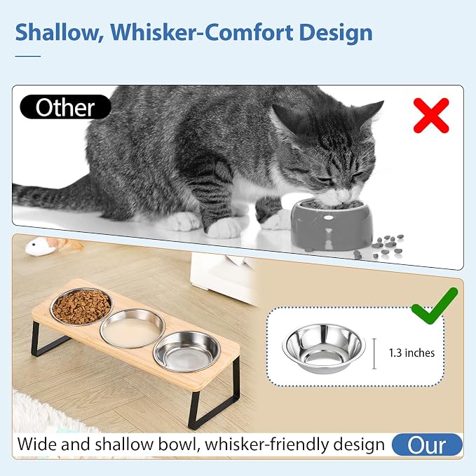 Hannadepot Elevated Cat Bowls, 15° Tilted Raised Cat Food and Water Bowl, Anti-Vomit & Whisker-Friendly Design, 3 Stainless Steel Bowls for Cats and Small Dogs