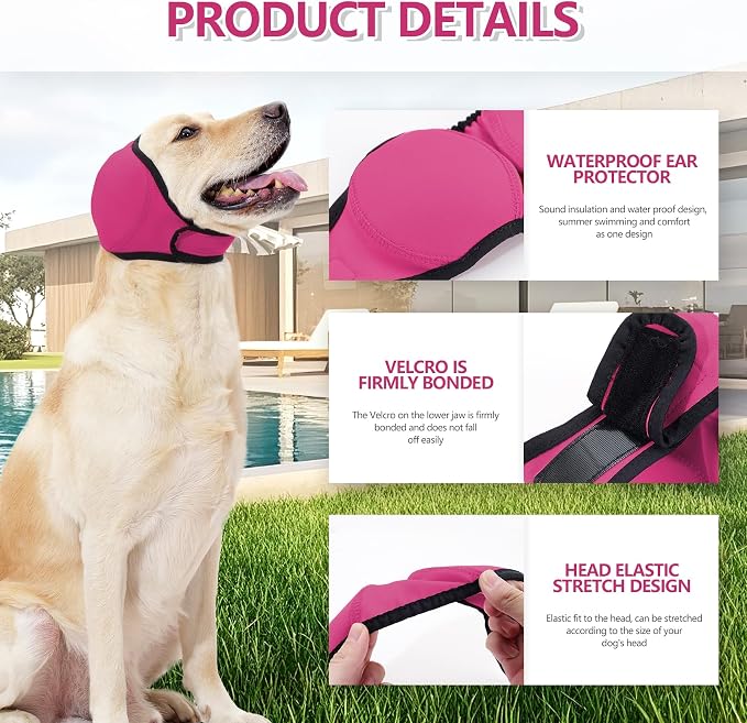 Waterproof Dog Bath Ear Covers & Calming Dog Snood – Aimosheng Reusable, Adjustable Anxiety Relief for Swimming, Grooming, Thunder & Fireworks Fuchsia L