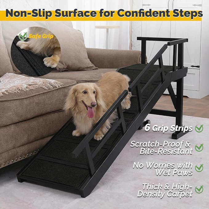 Dog Ramp for Bed or Couch, Wooden Pet Ramp with 20° Gentle Slope, Removable Side Rails, Non-Slip Surface, Top Platform & Wheels, Safe Bed Ramp for Small, Large & Senior Dogs, 60" Long, Black