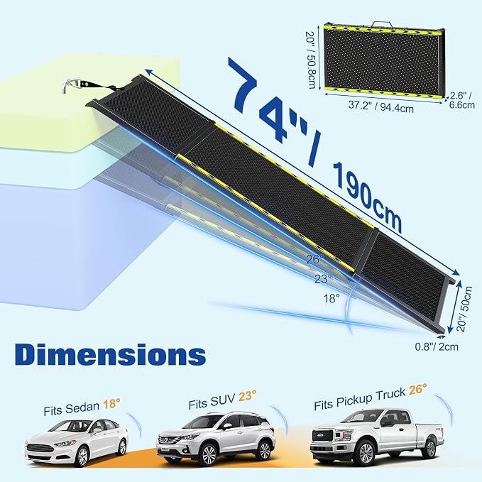 74" L x 20" W Extra Long Dog Ramp for Car - Wider Portable Pet Ramp for Large Dogs, Foldable Dog Car Ramps for Truck, SUV, RV & Bed, Outdoor Dogs Ramps with Non-Slip Mesh Supports Up to 250LBS, Black