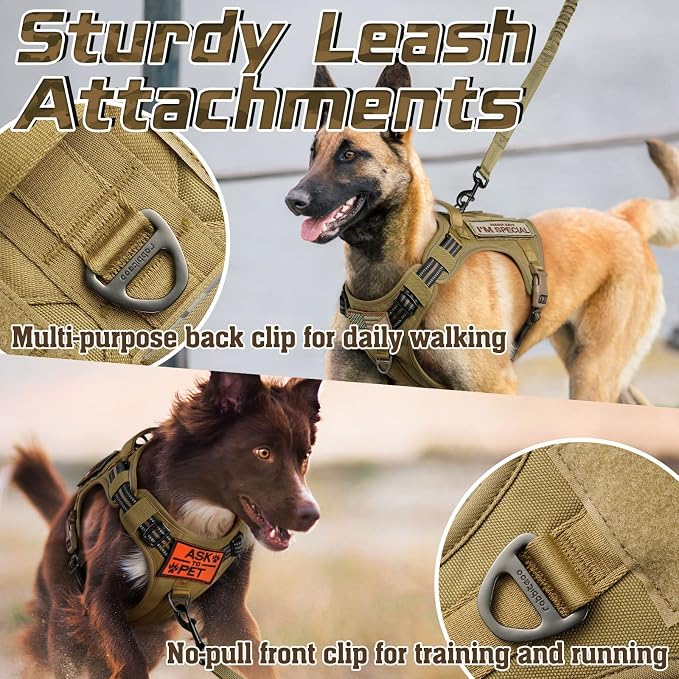 rabbitgoo Tactical Dog Harness for Large, No Pull Military Service Vest | Molle & Handle, Heavy Duty, Adjustable, Reflective Straps, Easy Control for Training Walking, Brown, Large