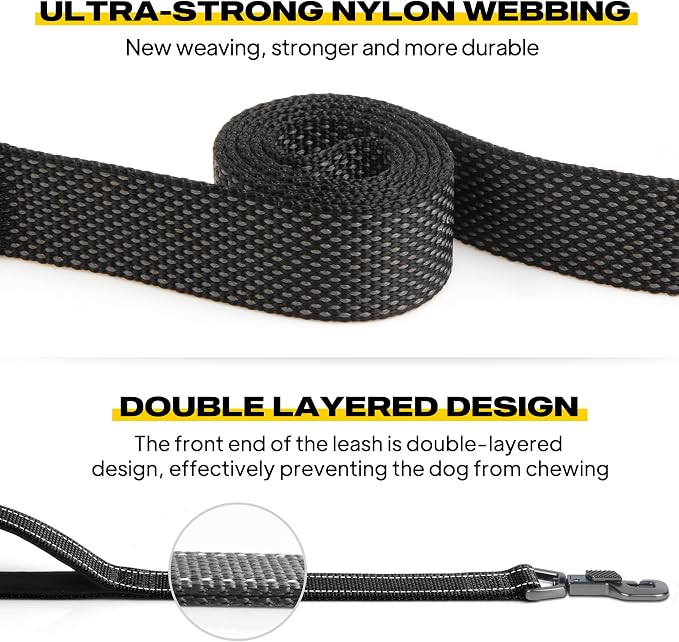 Fida 4 FT Heavy Duty Dog Leash with 2 Comfortable Padded Handles, Traffic Handle & Advanced Easy Snap Hook, Reflective Walking Lead for Large, Medium & Small Breed Dogs (4 FT x 1" Wide, Black)